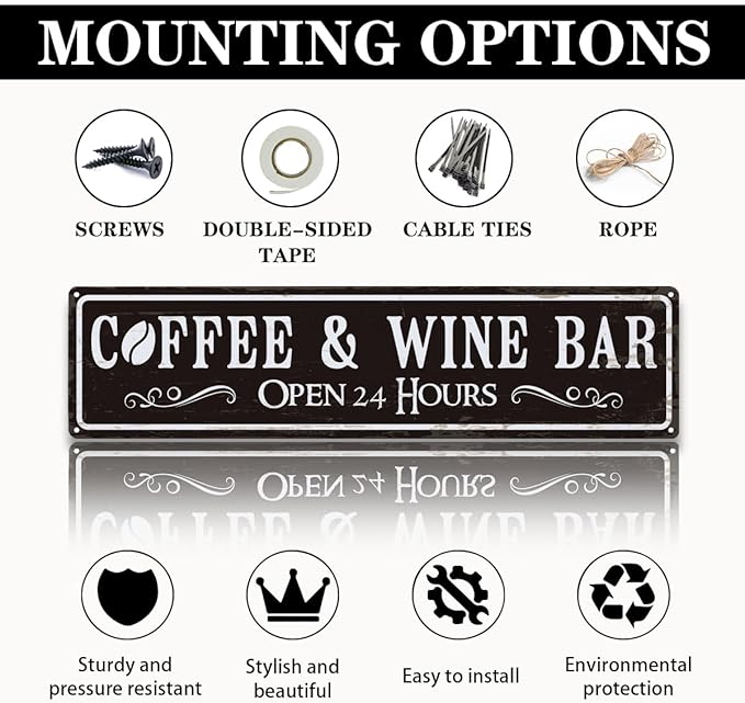 Coffee and Wine Bar Decor, Coffee & Wine Bar Open 24 Hours Sign, Retro Metal Tin Sign, Rustic Farmhouse Wall Decoration, Vintage Home Decor for Kitchen, Coffees Station Decors, 15.8x4 Inches - Image 3