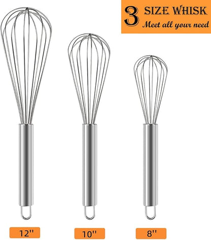 Polly Online Stainless Steel Whisk Set, 3 Packs Balloon Whisk for Cooking, Whisking, Blending (8",10",12") - Image 2