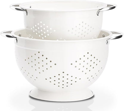 Rorence Powder Coated Steel Colanders: 3 Quart and 5 Quart Set of 2 - White