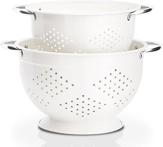 Rorence Powder Coated Steel Colanders: 3 Quart and 5 Quart Set of 2 - White