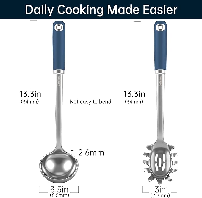 Safring Stainless Steel Soup Ladle and Spaghetti Spoon Set, Heat Resistant Rubber Handle, Dishwasher Safe, Kitchen Utensils for Cooking, Stirring, Serving Pasta, Soup & Sauce (Blue) - Image 2