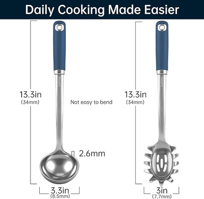 Safring Stainless Steel Soup Ladle and Spaghetti Spoon Set, Heat Resistant Rubber Handle, Dishwasher Safe, Kitchen Utensils for Cooking, Stirring, Serving Pasta, Soup & Sauce (Blue) - Image 2