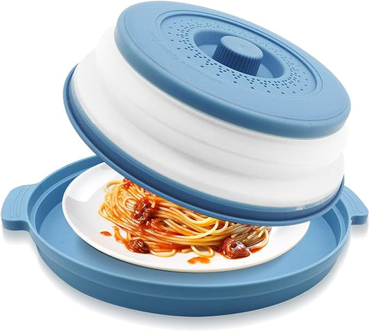 Microwave Splatter Cover 10.2 Inch with Handles, Collapsible Vented Silicone Lid & Anti-Scald Tray, BPA-Free Splash Guard for Food Heating, Fits Most Compact Microwaves