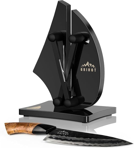 VN3 Professional Knife Sharpener | 3-Action Streamlined Sailboat Design for Effortless Knife Sharpening - The Ultimate Tool for Precision 11 to 21 Degree Angles (Obsidian Color) by Grihot