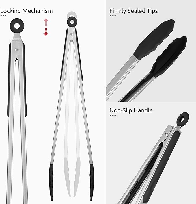 600ºF Heat Resistant Kitchen Tongs: U-Taste 16 inch Extra Long Large Silicone Cooking Tong with Sturdy Non Stick Rubber Tips & Non Slip Silicon Coated 18/8 Stainless Steel Handle for Grill BBQ (Black) - Image 6
