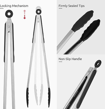 600ºF Heat Resistant Kitchen Tongs: U-Taste 16 inch Extra Long Large Silicone Cooking Tong with Sturdy Non Stick Rubber Tips & Non Slip Silicon Coated 18/8 Stainless Steel Handle for Grill BBQ (Black) - Image 6