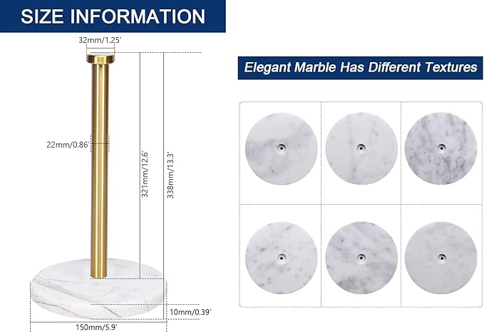 NearMoon Standing Paper Towel Holder, Kitchen Paper Towel Tissue Holder- for Bathroom Kitchen Countertop, Standard or Jumbo-Sized Roll Paper (with Marble Base, Brushed Gold) - Image 3