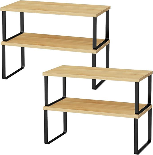 OGEMXU Cabinet Shelf Organizers, 15.7 inches Large Kitchen Counter Shelf, Set of 4 Wood Kitchen Pantry Organizer, Storage Shelves for Countertop, Spice Rack, Stackable, Expandable, Metal Black, Nature by OGEMXU