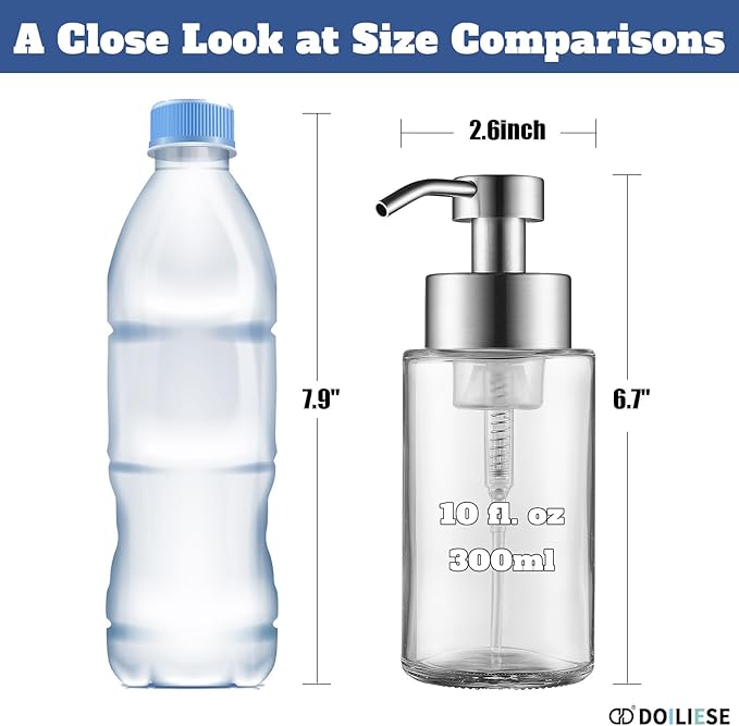 Glass Foaming Hand Soap Dispenser, 10 oz Easy Refill Bathroom Soap Dispenser, Foaming Dispenser with Stainless Steel Pump & Waterproof Labels, Foam Soap Pump Bottles for Handwashing, 2 Sets - Image 3