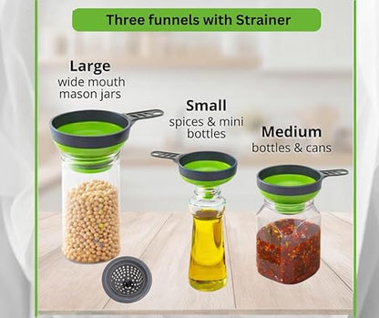 Collapsible Funnel Set of 3 | Silicone Pot Edge Soup Pour Spout | Food Grade Silicone Canning Funnels for Kitchen Use – Wide & Regular Mouth Mason Jars, |Canning, Easy Liquid Transfer