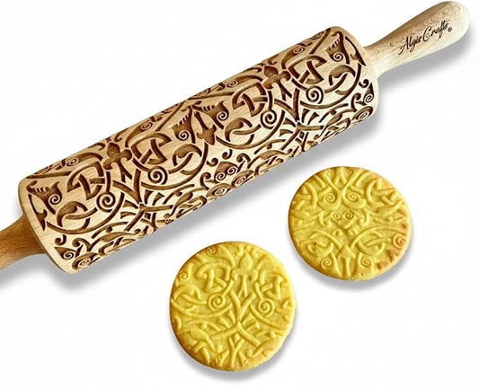 FLEUR DE LIS KNOT Embossing Rolling Pin. Dough Roller with Shamrock Pattern for Homemade Cookies and Pottery by Algis Crafts