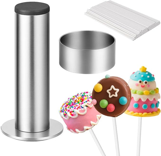 Juome Cake Pop Mold Kit, Stainless Steel Circle Cake Pop Cutter and Pusher Cake Pop Maker with Sticks, Round Cake Pop Shapes Supplies Accessories, Baking Tools for Home Baking Desserts by Juome
