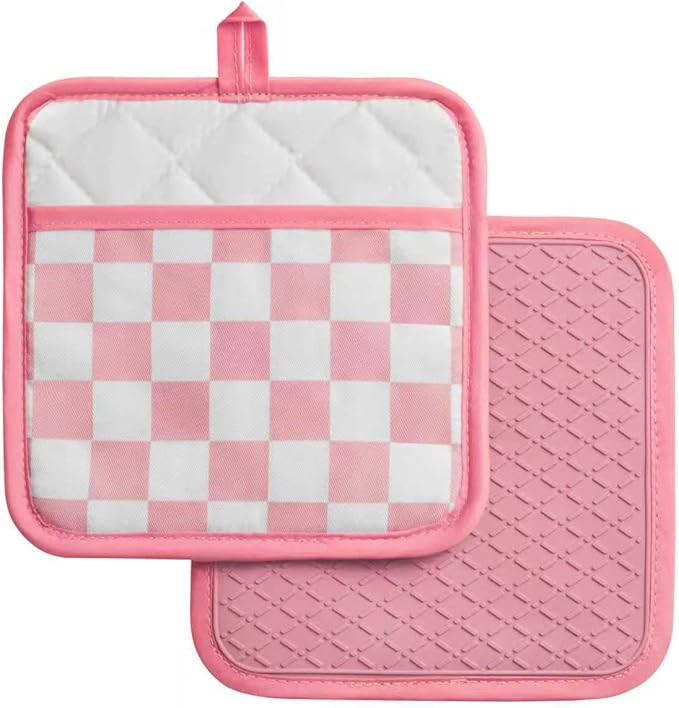 Ohocut Pink Checkered Pot Holder, Checkerboard Potholders for Kitchen, Silicone Pot Holders with Pocket for Kitchen Clearance 2 Pack Set, Hot Pads and Oven Mitts for Cooking Baking by Ohocut