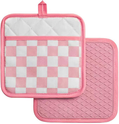 Ohocut Pink Checkered Pot Holder, Checkerboard Potholders for Kitchen, Silicone Pot Holders with Pocket for Kitchen Clearance 2 Pack Set, Hot Pads and Oven Mitts for Cooking Baking by Ohocut