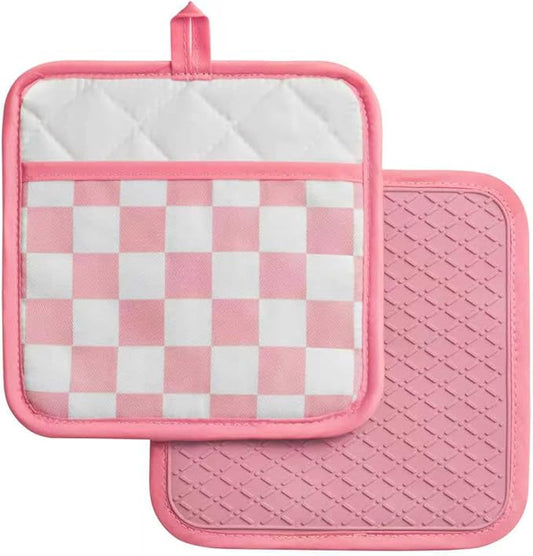 Ohocut Pink Checkered Pot Holder, Checkerboard Potholders for Kitchen, Silicone Pot Holders with Pocket for Kitchen Clearance 2 Pack Set, Hot Pads and Oven Mitts for Cooking Baking by Ohocut