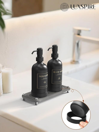 Luxspire Soap Dispenser Set, Hand Soap Dispensers with Fast Drying Tray, 17 oz Glass Refillable Liquid Bottle for Bathroom & Kitchen, Kitchen, 2 Pack, Black + Dark Gray