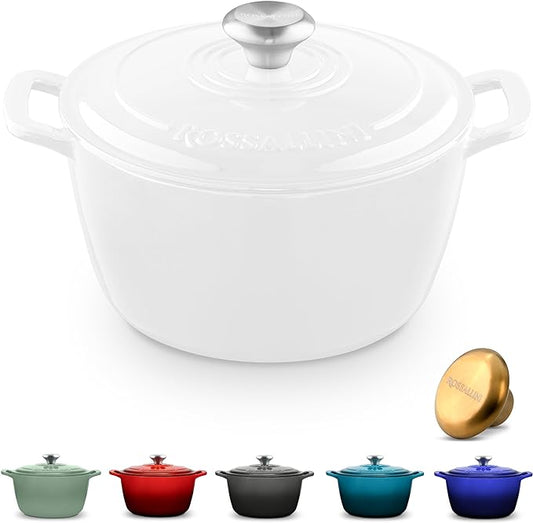 ROSSALLINI Signature Enameled Cast Iron Dutch Oven, Non-Stick Serving Pot with Tight Fitting Lid for Perfect Roasting, Baking, Sauteing, and Bread Making | 5.5Q (5.2L) - White