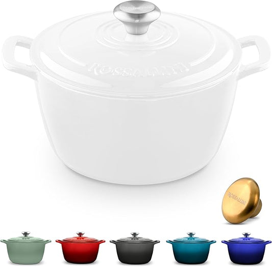 ROSSALLINI Signature Enameled Cast Iron Dutch Oven, Non-Stick Serving Pot with Tight Fitting Lid for Perfect Roasting, Baking, Sauteing, and Bread Making | 2Q (1.9L)