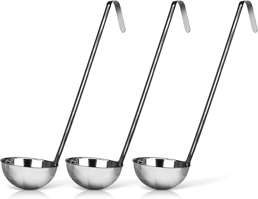 Whysko Soup Ladles Stainless Steel, 3-Pack of 8 oz. Metal Ladle Spoons, Rustproof Heat-Resistant Materials for Cooking and Serving Soups and Sauces, Commercial Grade Kitchen Essentials