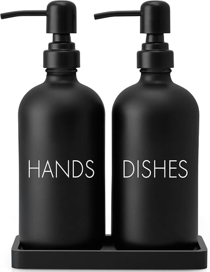 Black Dish and Hand Soap Dispenser Set - Glass Kitchen Soap Dispenser with Tray and Stainless Steel Pump - for Black Kitchen Decor and Accessories