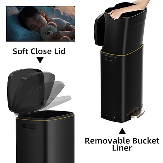 KdbK 13 Gallon Trash Can with Lid, 50L Fingerprint Proof Stainless Steel Kitchen Trash Can with Removable Inner Bucket and Lid Soft Close, Pedal Rubbish Bin for Home Office, Black - Image 3