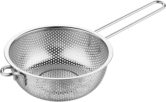 Stainless Steel Colander Fine Mesh Colander with Long Handle, Kitchen Metal Food Strainers with Resting Feet for Strain, Rinse, Fry, Steam or Cook Vegetables & Pasta & Wash fruits(COLOR:silver) by Unknown