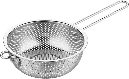 Stainless Steel Colander Fine Mesh Colander with Long Handle, Kitchen Metal Food Strainers with Resting Feet for Strain, Rinse, Fry, Steam or Cook Vegetables & Pasta & Wash fruits(COLOR:silver) by Unknown
