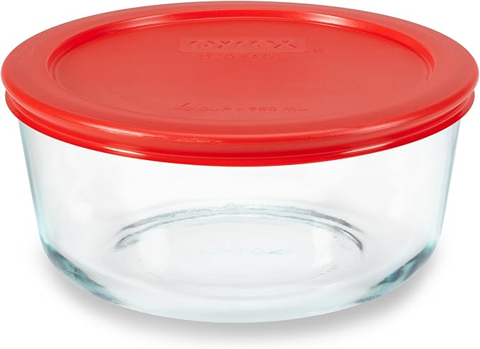 Pyrex Simply Store Glass Food Storage Container, Snug Fit Non-Toxic Plastic BPA-Free Lids, Freezer Dishwasher Microwave Safe, 4 Cup by Pyrex