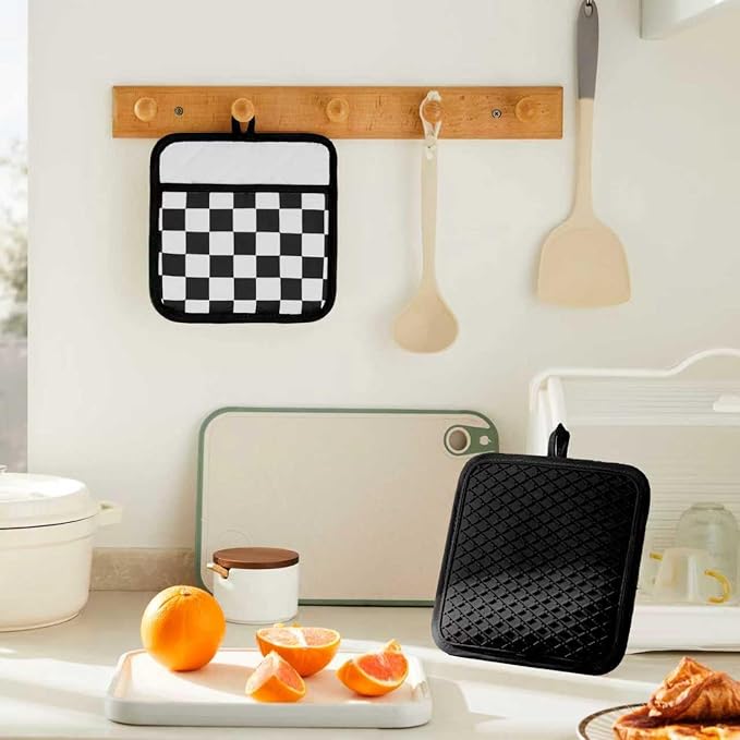Ohocut Checkered Pot Holder, Black and White Checkerboard Potholders for Kitchen, Silicone Pot Holders with Pocket for Kitchen Clearance 2 Pack Set, Hot Pads and Oven Mitts for Cooking Baking - Image 4