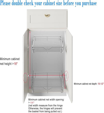 DINDON 2 Tier Pull Out Cabinet Organizer (11" W x 18" D) Heavy-Duty Metal Sliding Drawer Shelf, Two Tier Pull Out Shelves for Kitchen Cabinets, Pantry, Bathroom, Chrome Finish - Image 3