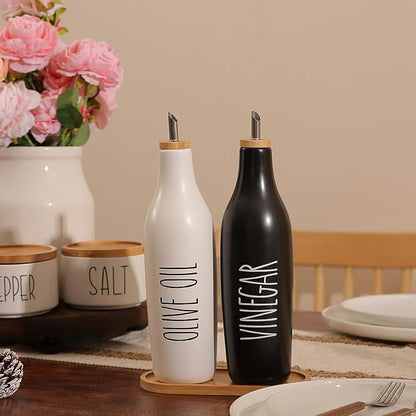 HOMCDALY Olive Oil and Vinegar Dispenser Set, 16oz Ceramic Oil Dispenser for Kitchen, Kitchen Dispenser Bottle for EVOO Vinegar Syrups, Modern Farmhouse Design| Set of 2 – P-Black&White - Image 7