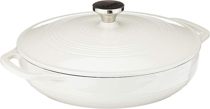 Lodge 3.6 Quart Enameled Cast Iron Round Casserole With Lid– Dual Handles – Oven Safe up to 500° F or on Stovetop - Use to Marinate, Cook, Bake, Refrigerate and Serve – Oyster White by Lodge