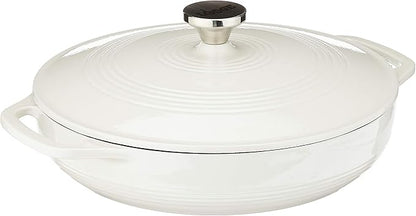 Lodge 3.6 Quart Enameled Cast Iron Round Casserole With Lid– Dual Handles – Oven Safe up to 500° F or on Stovetop - Use to Marinate, Cook, Bake, Refrigerate and Serve – Oyster White by Lodge
