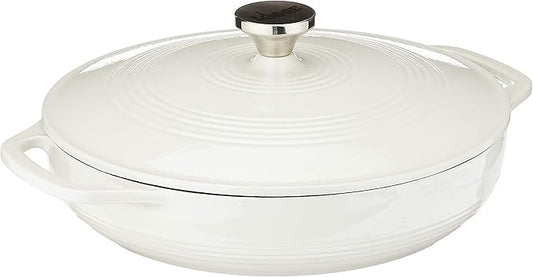 Lodge 3.6 Quart Enameled Cast Iron Round Casserole With Lid– Dual Handles – Oven Safe up to 500° F or on Stovetop - Use to Marinate, Cook, Bake, Refrigerate and Serve – Oyster White by Lodge