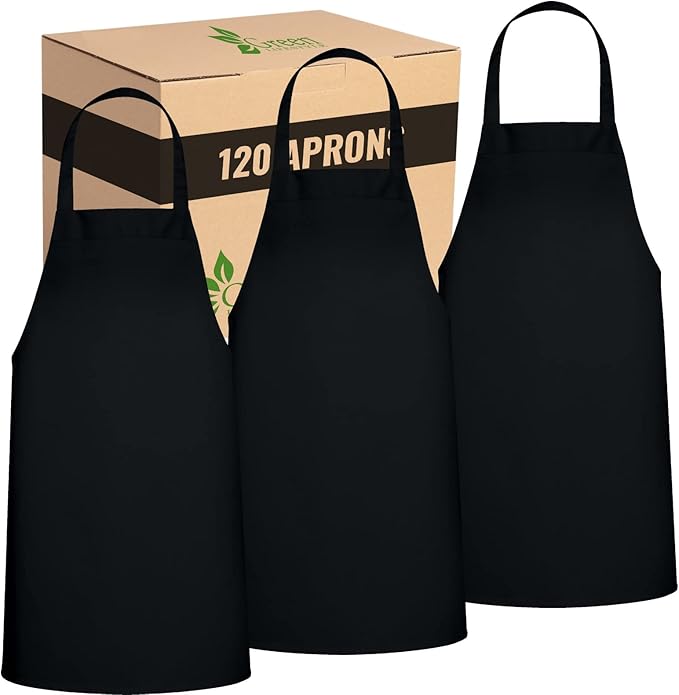 GREEN LIFESTYLE 120 Pack Bib Aprons - Unisex Machine Washable Kitchen BBQ Aprons Bulk (Pack of 120, No Pockets, Black) by GreenLifeStyle