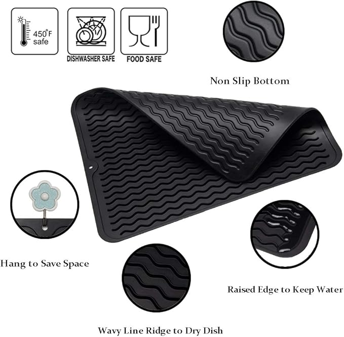 ZLR 2 Pcs Silicone Dish Drying Mat & Heat Resistant Trivet (12" x 16") - Waterproof Counter Protector for Coffee Maker - Non-Slip, BPA Free Kitchen Pad, Easy Clean Dishwasher Safe (Black) - Image 4