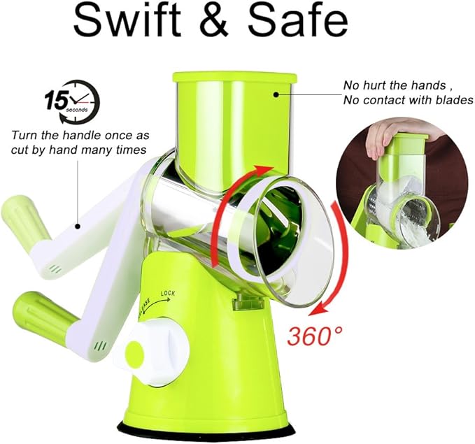 Ourokhome Rotary Cheese Grater Hand Crank, Kitchen Shredder Speed Mandolin Slicer Nut Grinder with Handle and Drum Blades for Cheese, Vegetable, Walnut, Chocolate, Potato, Carrot, 3 Blades, Green - Image 7