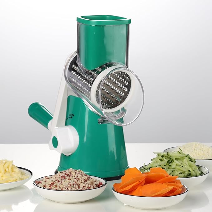 Cambom Rotary Cheese Grater Hand Crank Cheese Shredder for Fresh Cheese, Vegetable, Nuts,Non-slip Suction Base, Free Cleaning Brush Three Blades, Deep Green - Image 6