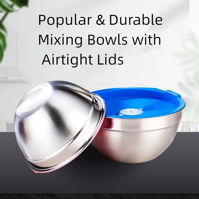 MIKULA Mixing Bowls Set, 22PCS Large Stainless Steel Mixing Bowl with Lids Set, Large Nesting Bowls 7/6/4.5/3.5/2.5QT, Measuring Cups and Spoons Baking Storage Metal Bowl for Kitchen Prep Supplies - Image 5