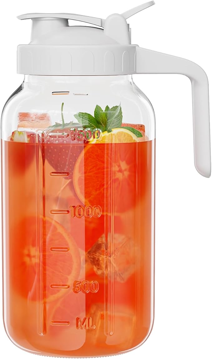 Glass Mason Jar Pitcher, 64 oz Wide Mouth Jug with Pour Spout Handle Lid for Cold Brew Coffee, Ice Beverage, Iced Juice, Lemonade, Sun Tea, Fruit Drinks Container(White) by Junvpic