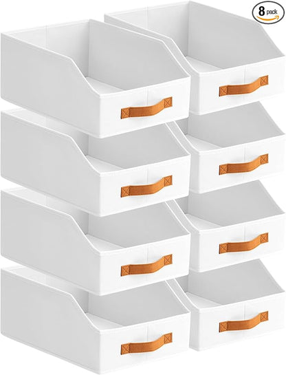 Homsorout Fabric Storage Bins for Organizing - 8 Pack Large Trapezoid Collapsible Storage Bins with Front Handle, Closet Organizers and Storage for Bedroom, Home Shelves, Small Spaces, White by Homsorout