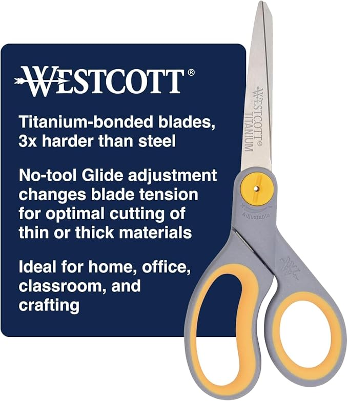 Westcott 8-Inch Titanium-Bonded Scissors with Adjustable Glide Feature for Office and Home - Gray/Yellow - Image 7
