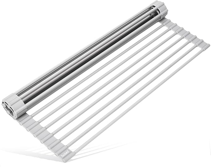Surpahs 17.5 x 13.1 Inch Roll-Up Dish Drying Rack, Fits Across Sink Openings up to 16.5 Inches, Heavy-Duty Premium Silicone, Strong Support, Non-Slip, Heat-Resistant, Warm Gray by Surpahs