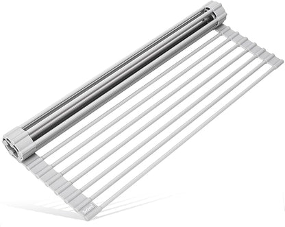 Surpahs 17.5 x 13.1 Inch Roll-Up Dish Drying Rack, Fits Across Sink Openings up to 16.5 Inches, Heavy-Duty Premium Silicone, Strong Support, Non-Slip, Heat-Resistant, Warm Gray by Surpahs
