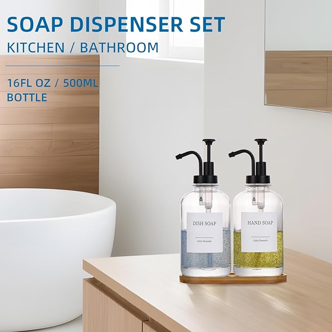 Glass Soap Dispenser with Pump, Dish and Hand Soap Dispenser for Kitchen Bathroom Set, Clear Glass Dispenser Set of 2 Pack with 18 Stickers Funnel Bamboo Tray 500ml 18oz / Each Bottle Sliver Pump - Image 2