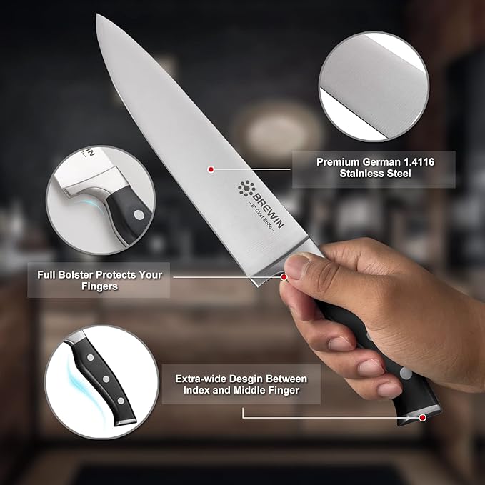Brewin Professional Kitchen Knives, 3PC Chef Knife Set Sharp Knives for Kitchen High Carbon Stainless Steel, Japanese Cooking Knife with Gift Box - Image 4