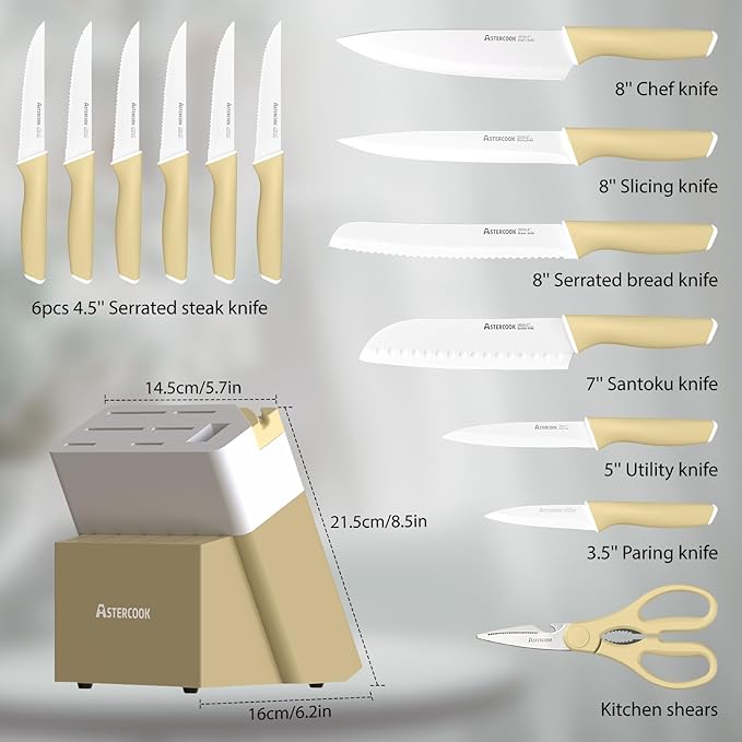 Astercook Kitchen Knife Set with Block and Sharpener 15 Piece Knives Set German High Carbon Stainless Steel Knives Sharp Blade Dishwasher Safe Deba Knives with Ergonomic Handle - Image 4