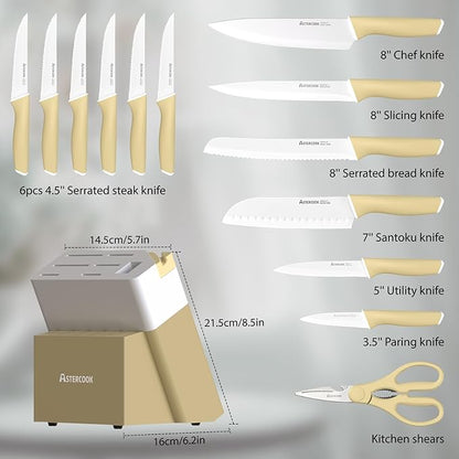 Astercook Kitchen Knife Set with Block and Sharpener 15 Piece Knives Set German High Carbon Stainless Steel Knives Sharp Blade Dishwasher Safe Deba Knives with Ergonomic Handle - Image 4