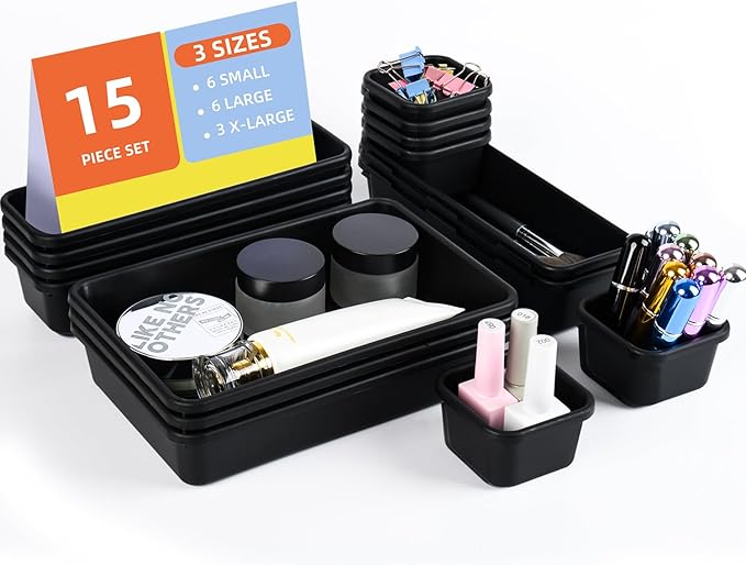 Kutesna 15 Piece Drawer Organizer Set, 3 Size Interlocking Plastic Storage Bins for Office Supplies, Jewelry Makeup Vanity, Bathroom Kitchen, Home Organization Closet, Gadgets Small Items, Black - Image 8