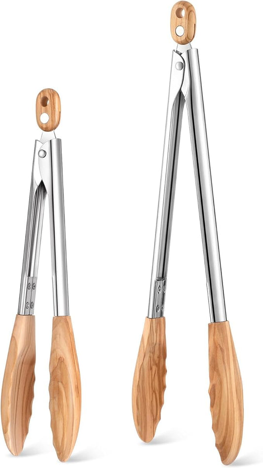Baderke 2 Pcs Olive Wooden Kitchen Tongs for Cooking Wooden Utensil Set Salad Tongs with Wood Tips for Serving Salad Flipping Burgers Grilling and Much More, Set of 2, 11.4 Inch and 14.6 Inch